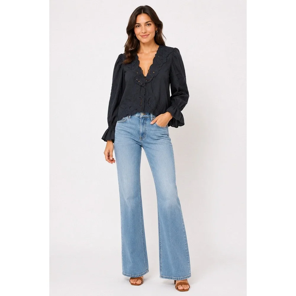 Free People Black Eyelet Embroidered Scallop V-Neck Blouse Top Ruffle Cuff S